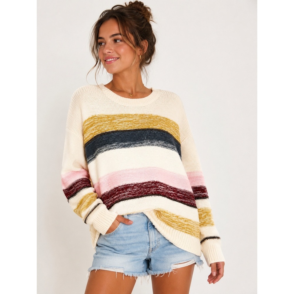 Rails Striped Cotton Knit Crewneck Sweater Women's Small Cream Pink Mustard